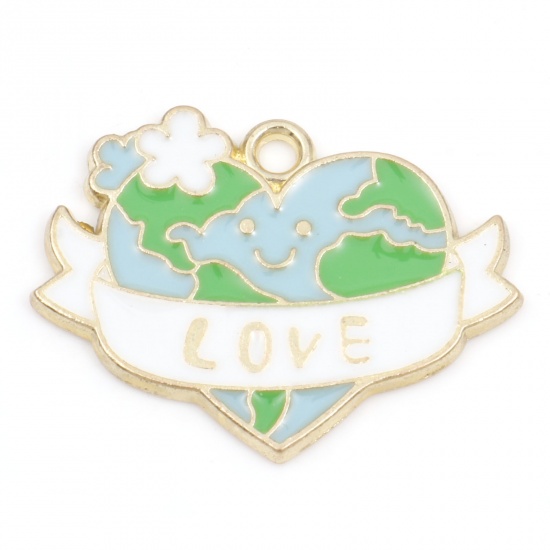 Picture of Zinc Based Alloy World Earth Day Environmental Protection Charms Gold Plated Blue & Green Planet Earth Message " LOVE " Enamel 26mm x 20mm, 5 PCs