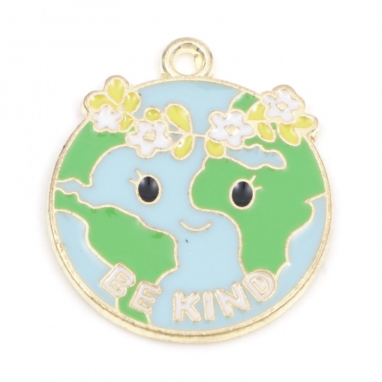 Picture of Zinc Based Alloy World Earth Day Environmental Protection Charms Gold Plated Blue & Green Planet Earth Message " BE KIND " Enamel 24mm x 21mm, 5 PCs