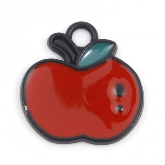 Picture of Zinc Based Alloy Charms Black Red Apple Fruit Enamel 15mm x 15mm, 10 PCs
