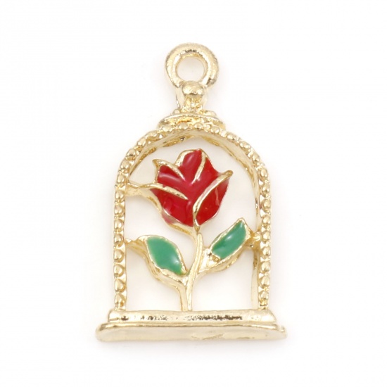 Picture of Zinc Based Alloy Valentine's Day Charms Gold Plated Red & Green Rose Flower Enamel 17.5mm x 10.5mm, 10 PCs
