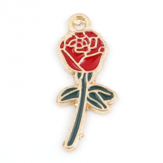 Picture of Zinc Based Alloy Valentine's Day Charms Gold Plated Red & Green Rose Flower Enamel 23mm x 10mm, 10 PCs