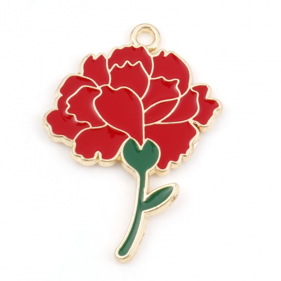 Picture of Zinc Based Alloy Valentine's Day Pendants Gold Plated Red & Green Rose Flower Enamel 3.1cm x 2.2cm, 10 PCs