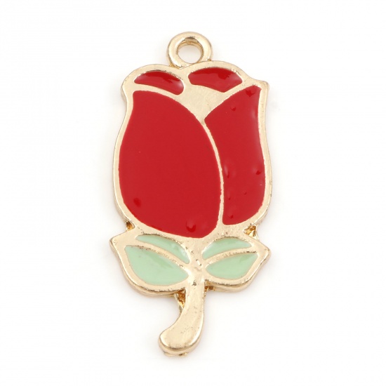 Picture of Zinc Based Alloy Valentine's Day Pendants Gold Plated Red & Green Rose Flower Enamel 3.1cm x 1.5cm, 10 PCs