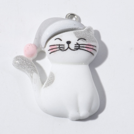 Picture of Resin Pendants Cat Animal Hat Silver Tone White 3.3cm x 2.5cm, 5 PCs