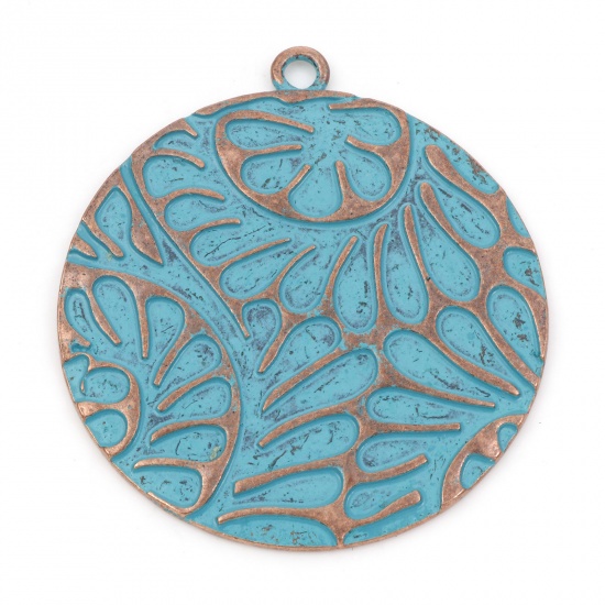 Picture of Zinc Based Alloy Patina Pendants Antique Bronze Blue Round Flower 5.4cm x 4.9cm, 2 PCs