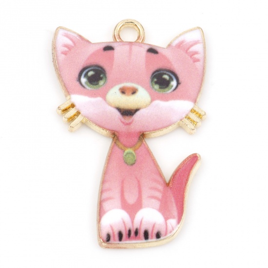 Picture of Zinc Based Alloy Pendants Gold Plated Pink Cat Animal Enamel 3cm x 2cm, 10 PCs
