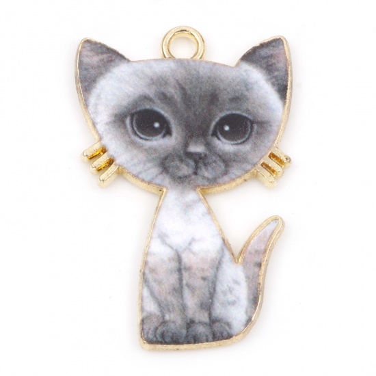 Picture of Zinc Based Alloy Pendants Gold Plated Gray Cat Animal Enamel 3cm x 2cm, 10 PCs