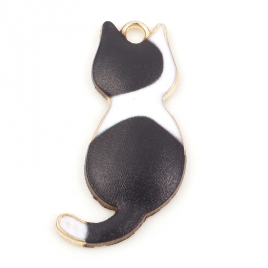 Picture of Zinc Based Alloy Pendants Gold Plated Black & White Cat Animal Enamel 3cm x 1.6cm, 10 PCs