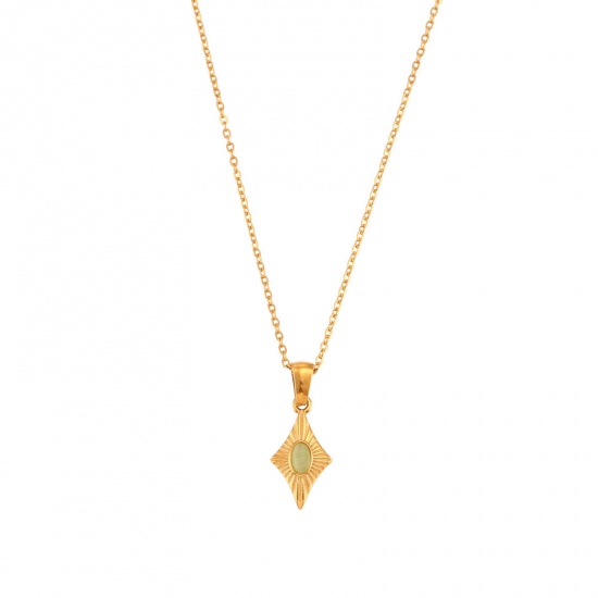 Picture of 304 Stainless Steel Ins Style Necklace Gold Plated Grass Green Rhombus Cat's Eye Imitation 40cm(15 6/8") long, 1 Piece