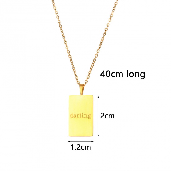 Picture of 304 Stainless Steel Stylish Necklace 18K Gold Plated Rectangle English Vocabulary Message " Darling " 40cm(15 6/8") long, 1 Piece