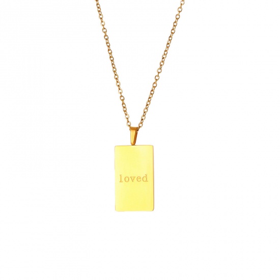 Picture of 304 Stainless Steel Stylish Necklace 18K Gold Plated Rectangle English Vocabulary Message " LOVED " 40cm(15 6/8") long, 1 Piece