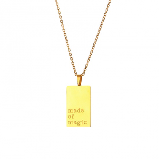 Picture of 304 Stainless Steel Stylish Necklace 18K Gold Plated Rectangle English Vocabulary Message " Made Of Magic " 40cm(15 6/8") long, 1 Piece