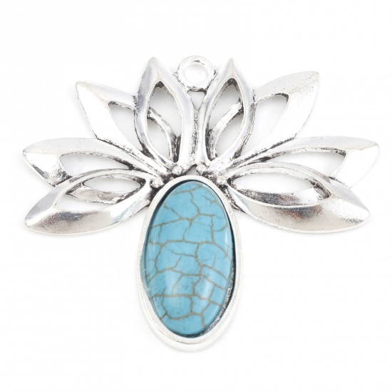 Picture of Zinc Based Alloy Boho Chic Bohemia Pendants Antique Silver Color Green Blue Flower Leaves With Resin Cabochons Imitation Turquoise 5.3cm x 4.8cm, 2 PCs