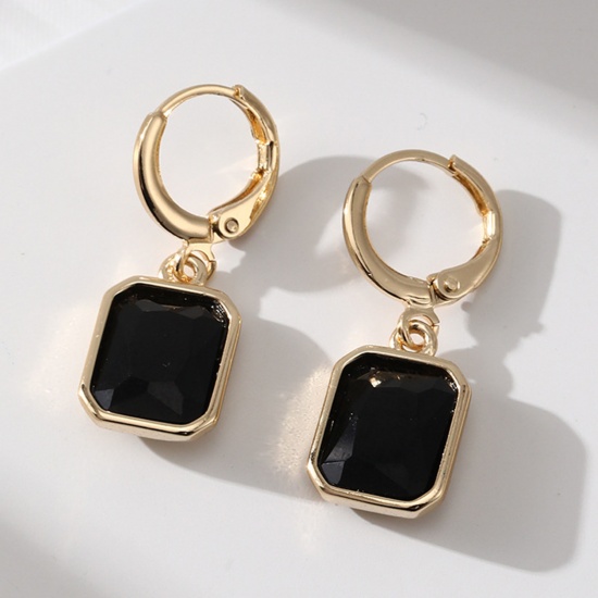 Picture of Copper Simple Earrings Gold Plated Square Black Cubic Zirconia 2.9cm x 1.2cm, 1 Pair