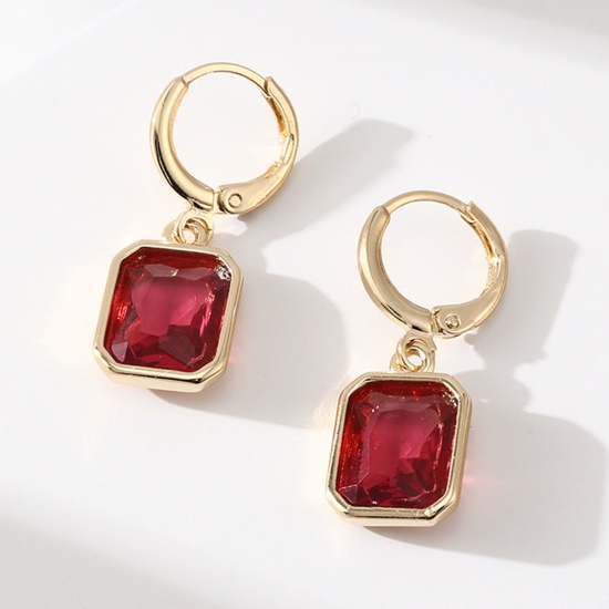 Picture of Brass Simple Earrings Gold Plated Square Red Cubic Zirconia 2.9cm x 1.2cm, 1 Pair                                                                                                                                                                             
