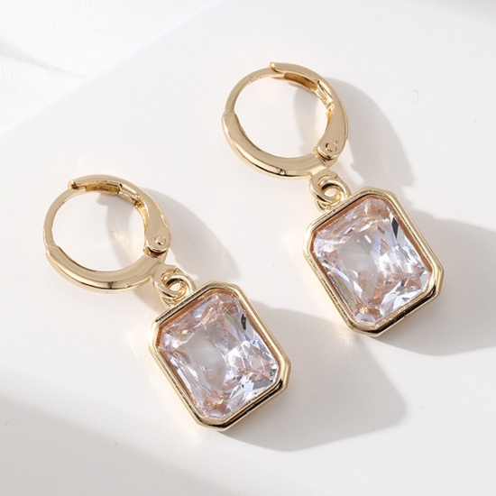 Picture of Copper Simple Earrings Gold Plated Square Clear Cubic Zirconia 2.9cm x 1.2cm, 1 Pair