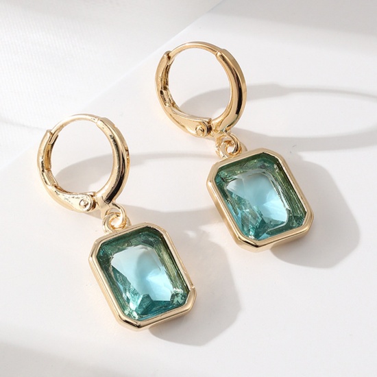 Picture of Copper Simple Earrings Gold Plated Square Aqua Blue Cubic Zirconia 2.9cm x 1.2cm, 1 Pair