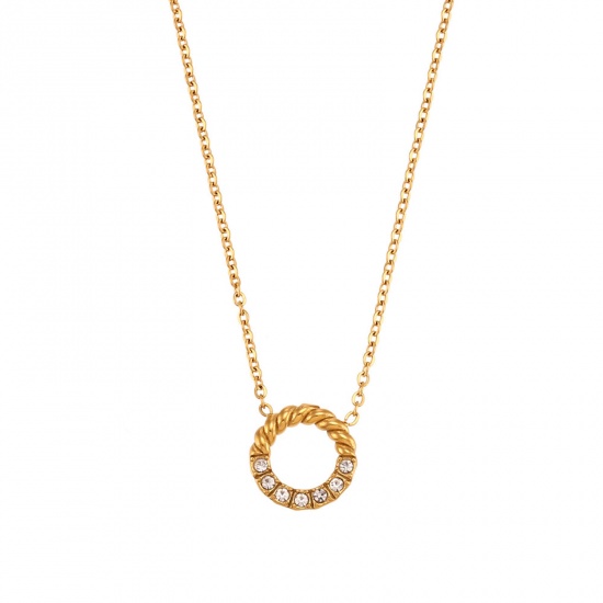 Picture of 304 Stainless Steel Ins Style Necklace Gold Plated Circle Ring Clear Rhinestone 40cm(15 6/8") long, 1 Piece