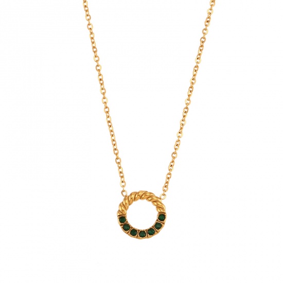 Picture of 304 Stainless Steel Ins Style Necklace Gold Plated Circle Ring Green Rhinestone 40cm(15 6/8") long, 1 Piece