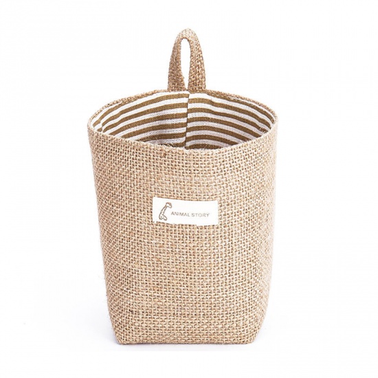Picture of Cotton & Linen Storage Container Box Basket Brown Yellow Stripe Hanging 10cm x 13cm, 1 Piece