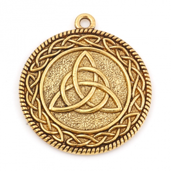 Picture of Zinc Based Alloy Religious Pendants Gold Tone Antique Gold Round Celtic Knot 3.2cm x 2.8cm, 10 PCs