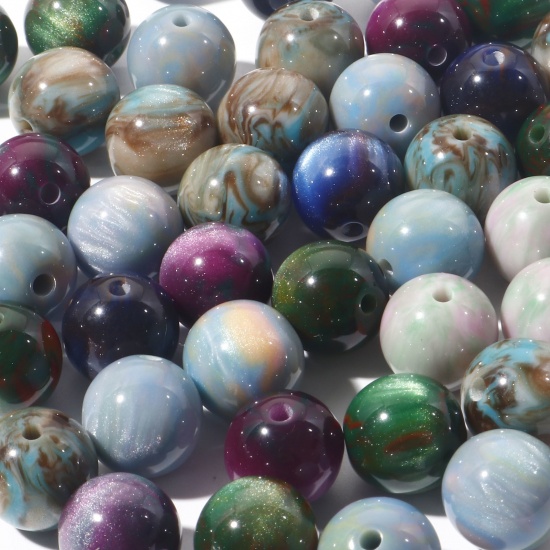 Picture of Resin Spacer Beads Single Hole Round At Random Color Mixed Pearlized Imitation Tiger's Eyes About 12mm Dia, Hole: Approx 2mm, 10 PCs