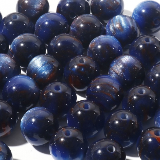 Picture of Resin Spacer Beads Single Hole Round Dark Blue Pearlized Imitation Tiger's Eyes About 12mm Dia, Hole: Approx 2mm, 10 PCs