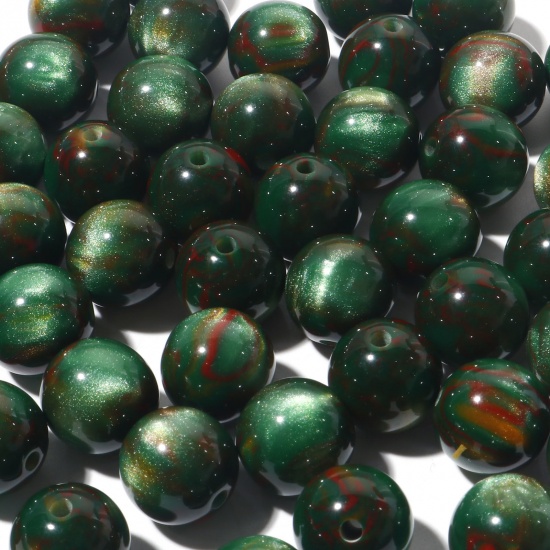 Picture of Resin Spacer Beads Single Hole Round Dark Green Pearlized Imitation Tiger's Eyes About 12mm Dia, Hole: Approx 2mm, 10 PCs