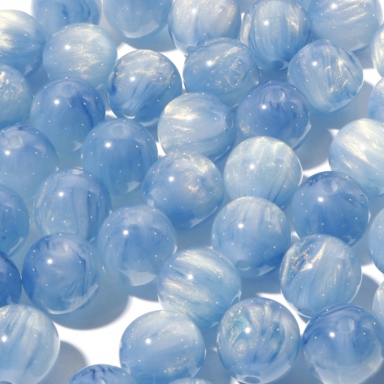 Picture of Resin Spacer Beads Single Hole Round Aqua Blue Pearlized Imitation Tiger's Eyes About 12mm Dia, Hole: Approx 2mm, 10 PCs