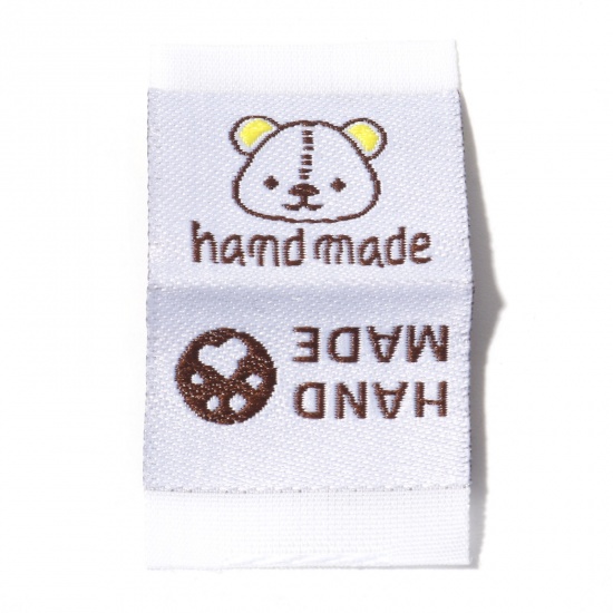 Image de Étiquette pour Vêtements en Polyester Rectangle Blanc Ours " Hand Made " 4.4cm x 2.4cm, 50 Pcs
