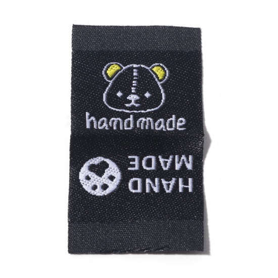 Picture of Polyester Label Tag For Clothing Rectangle Black Bear Pattern " Hand Made " 4.4cm x 2.4cm , 50 PCs