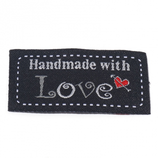 Picture of Polyester Label Tag For Clothing Rectangle Black Heart Pattern " Hand Made With Love " 5cm x 2.4cm , 50 PCs