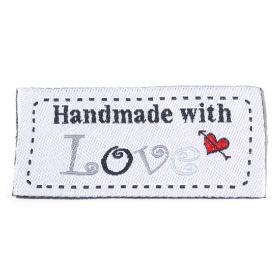 Picture of Polyester Label Tag For Clothing Rectangle White Heart Pattern " Hand Made With Love " 5cm x 2.4cm , 50 PCs