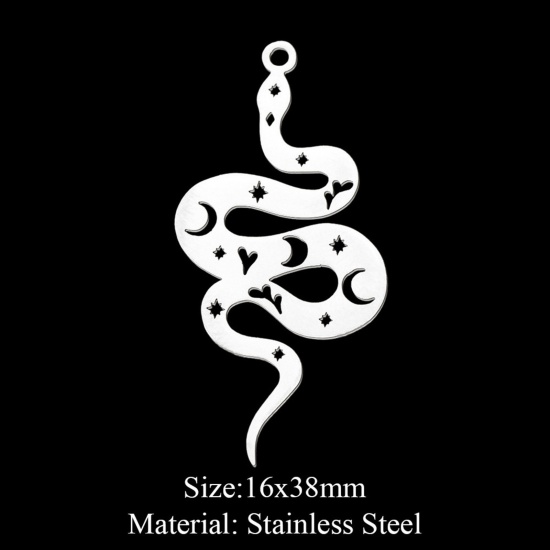 Picture of 201 Stainless Steel Pendants Silver Tone Snake Animal 38mm x 16mm, 1 Piece