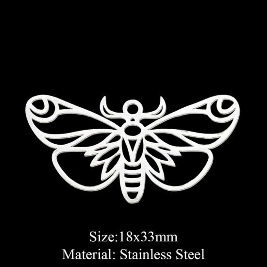 Picture of 201 Stainless Steel Pendants Silver Tone Butterfly Animal 33mm x 18mm, 1 Piece