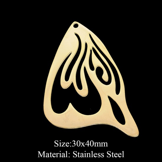Picture of 201 Stainless Steel Pendants Gold Plated Flame Fire 40mm x 30mm, 1 Piece