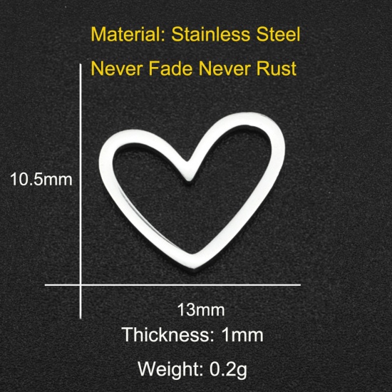 Picture of 201 Stainless Steel Charms Silver Tone Heart 13mm x 10.5mm, 1 Piece