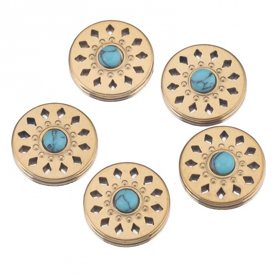 Picture of 1 Piece 304 Stainless Steel Boho Chic Bohemia Charms 18K Gold Color Round Imitation Turquoise 16mm Dia.