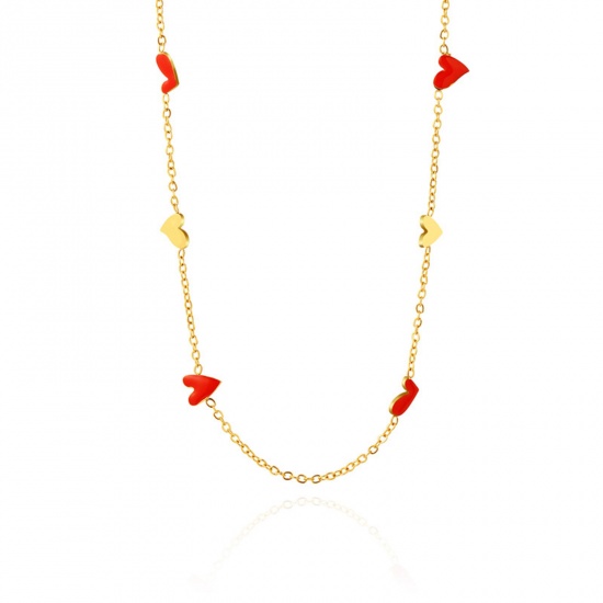 Picture of 304 Stainless Steel Valentine's Day Necklace Gold Plated Red & Yellow Heart Enamel 40cm(15 6/8") long, 1 Piece