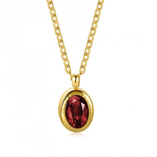 Picture of 304 Stainless Steel Stylish Necklace Gold Plated Oval Red Cubic Zirconia 40cm(15 6/8") long, 1 Piece