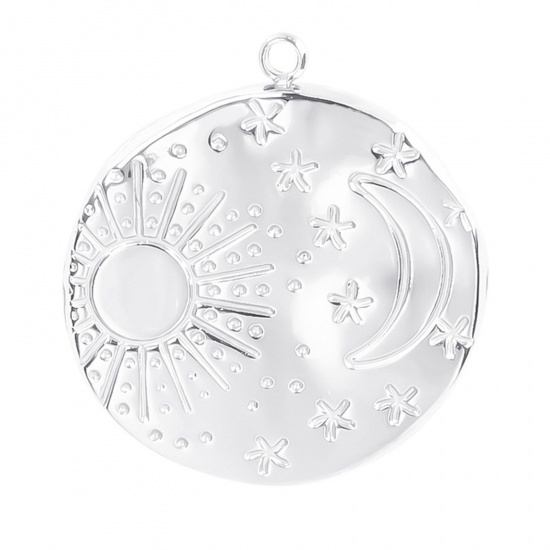 Picture of 304 Stainless Steel Charms Silver Tone Round Sun Textured 23mm x 21mm, 1 Piece