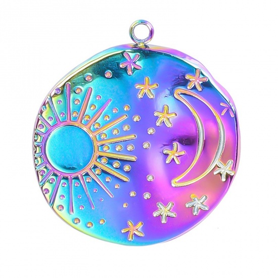 Picture of 304 Stainless Steel Charms Rainbow Color Plated Round Sun Textured 23mm x 21mm, 1 Piece
