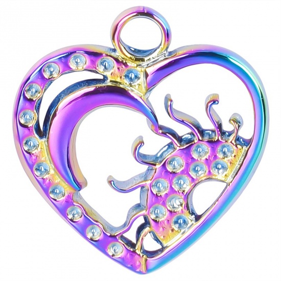 Picture of 304 Stainless Steel Charms Rainbow Color Plated Heart Sun Hollow 19mm x 17mm, 1 Piece