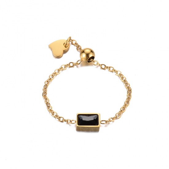 Picture of 304 Stainless Steel Stylish Adjustable Slider/ Slide Rings Gold Plated Black Cubic Zirconia 21mm(US Size 11.5), 1 Piece