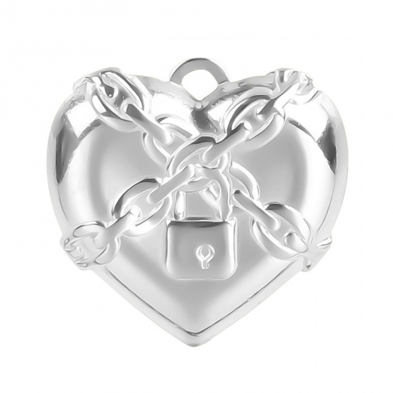 Picture of 304 Stainless Steel Charms Silver Tone Heart Lock 20mm x 20mm, 1 Piece