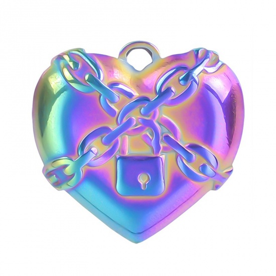 Picture of 304 Stainless Steel Charms Rainbow Color Plated Heart Lock 20mm x 20mm, 1 Piece