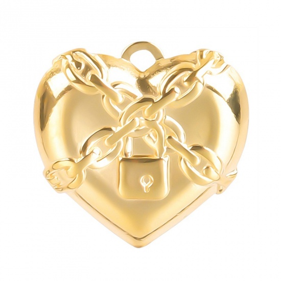 Picture of 304 Stainless Steel Charms Gold Plated Heart Lock 20mm x 20mm, 1 Piece