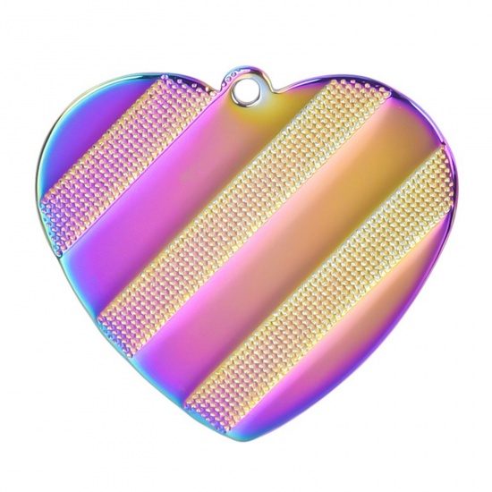 Picture of 304 Stainless Steel Charms Rainbow Color Plated Heart Texture 25mm x 27mm, 1 Piece