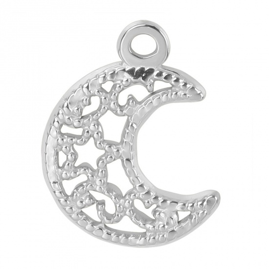 Picture of 304 Stainless Steel Charms Silver Tone Half Moon Star Hollow 19mm x 15mm, 1 Piece