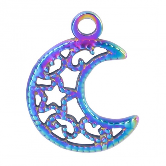 Picture of 304 Stainless Steel Charms Rainbow Color Plated Half Moon Star Hollow 19mm x 15mm, 1 Piece